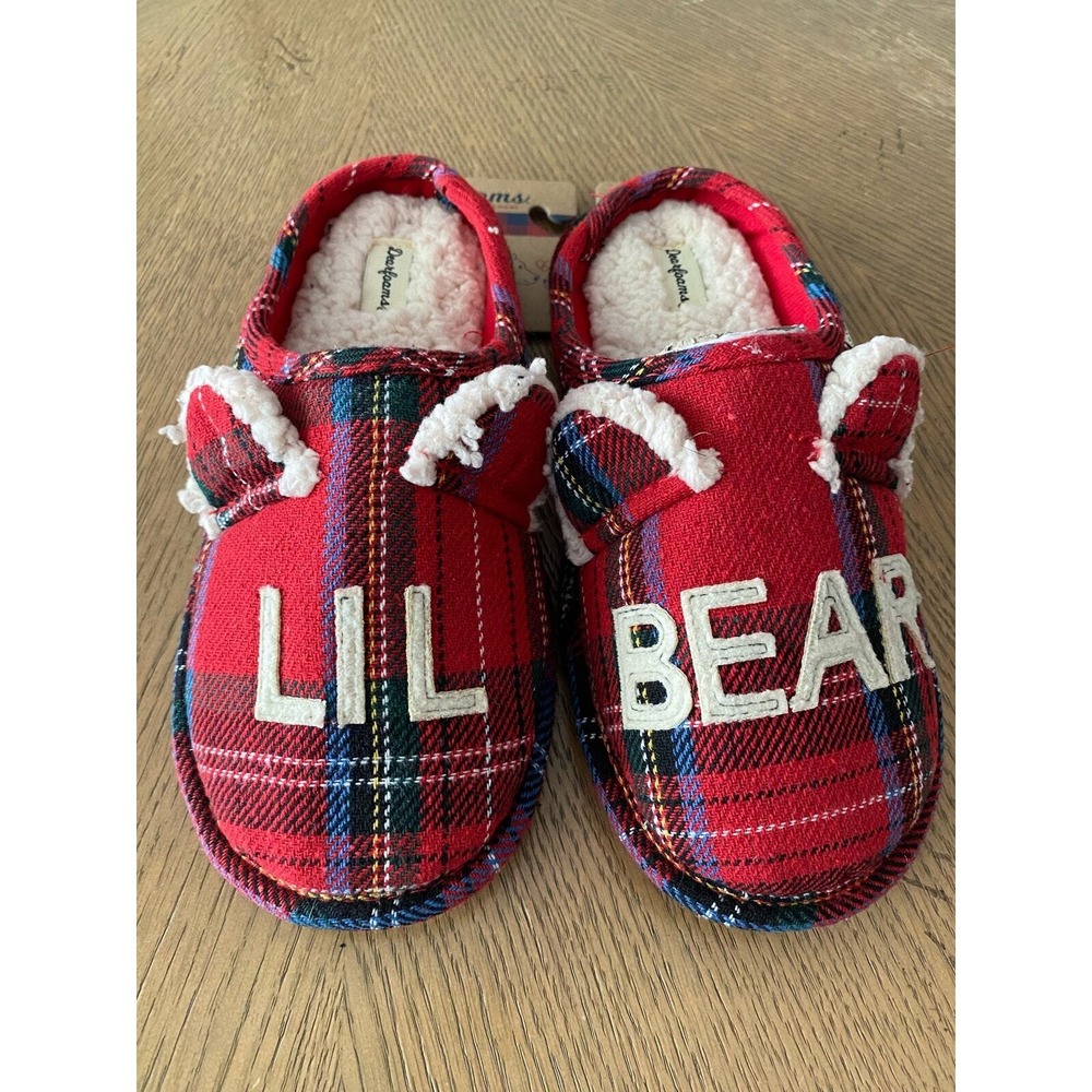 Dearfoams Lil Bear Red Plaid Memory Foam Slippers Limited Edition US 4-5 NWT‎